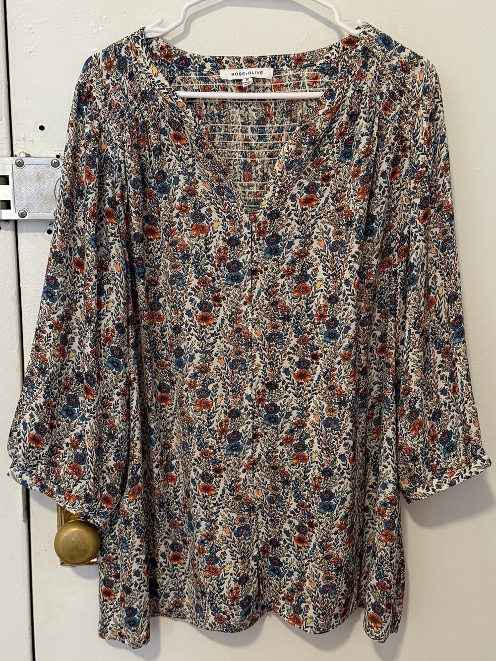 Rose & Olive Cream Floral V-Neck Tunic with Blue & Rust Accents